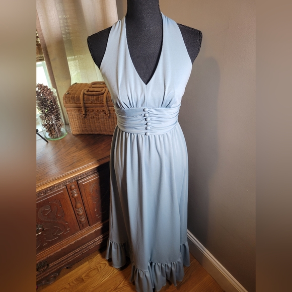 VINTAGE 70'S PALE BLUE RUFFLE HALTER CORSET WAIST MAXI DRESS - Picture 1 of 10